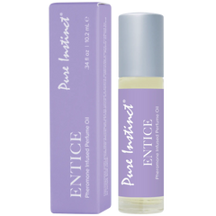 Pure Instinct Entice roll-on perfume oil in lavender packaging, 10.2 ml glass bottle