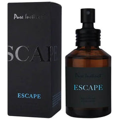 Pure Instinct Escape 50ml amber glass spray bottle and matte black packaging, side angle
