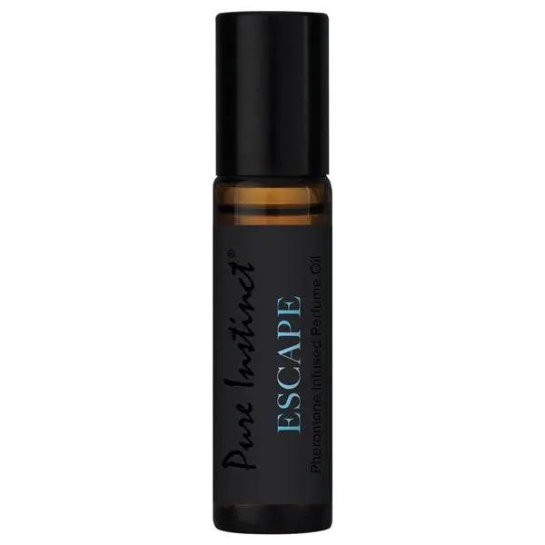 Close-up of Pure Instinct Escape amber roll-on bottle with black cap, no box