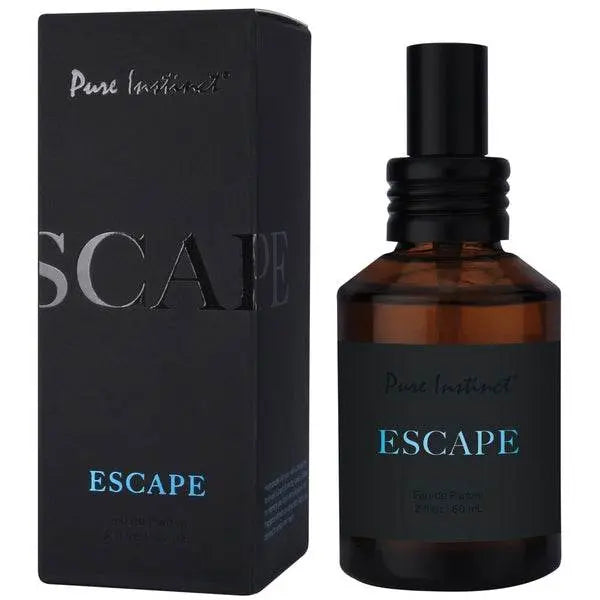 Pure Instinct Escape eau de parfum amber spray bottle beside sleek black gift box