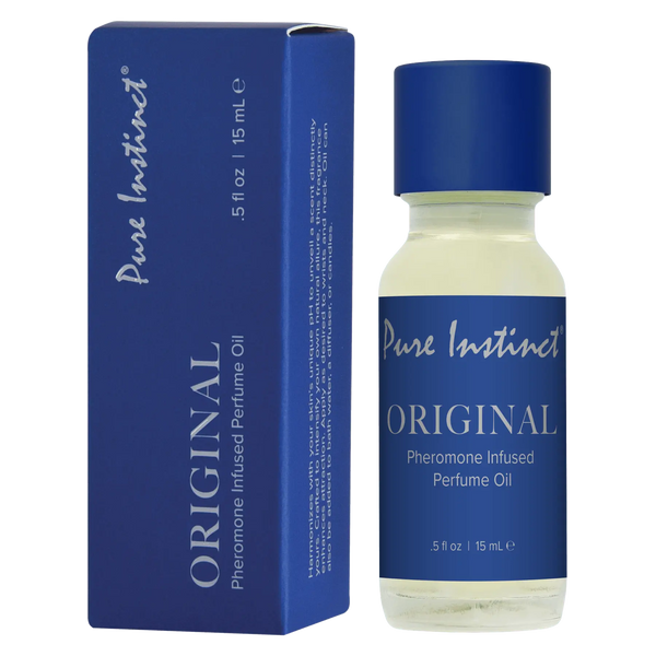 Pure Instinct Original Pheromone Infused Perfume Oil, 15mL glass bottle with blue cap and box