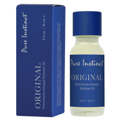 Pure Instinct Original Pheromone Infused Perfume Oil, 15mL glass bottle with blue cap and box