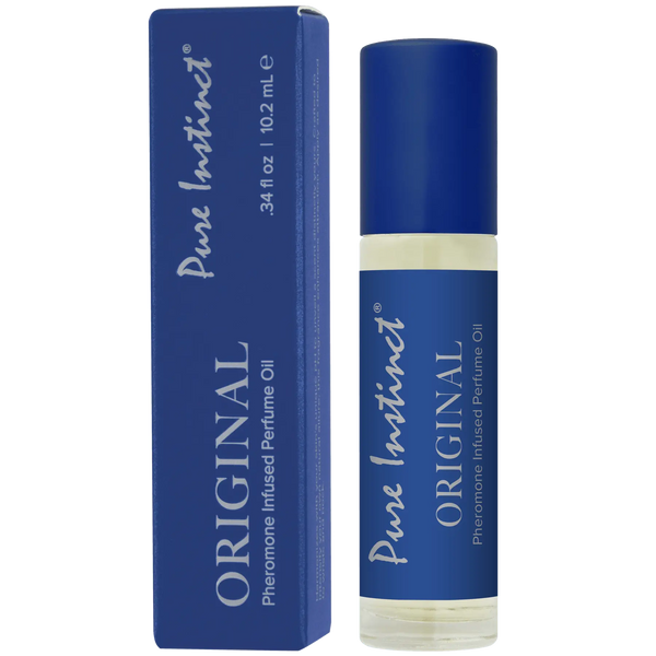 Pure Instinct Original pheromone-infused roll-on perfume oil in a cobalt blue 10.2 mL bottle with matching box