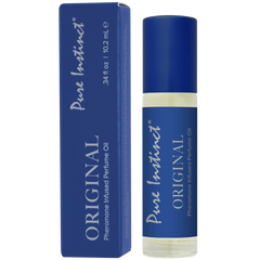Pure Instinct Original pheromone-infused roll-on perfume oil in a cobalt blue 10.2 mL bottle with matching box