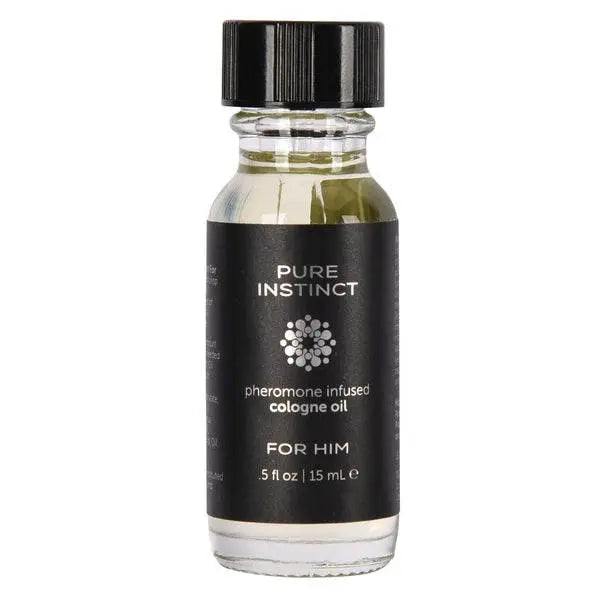 Pure Instinct pheromone-infused cologne oil for him in a small clear glass bottle with black cap