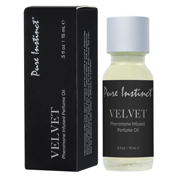 Pure Instinct Velvet Pheromone Infused Perfume Oil in a 15mL glass bottle with black box