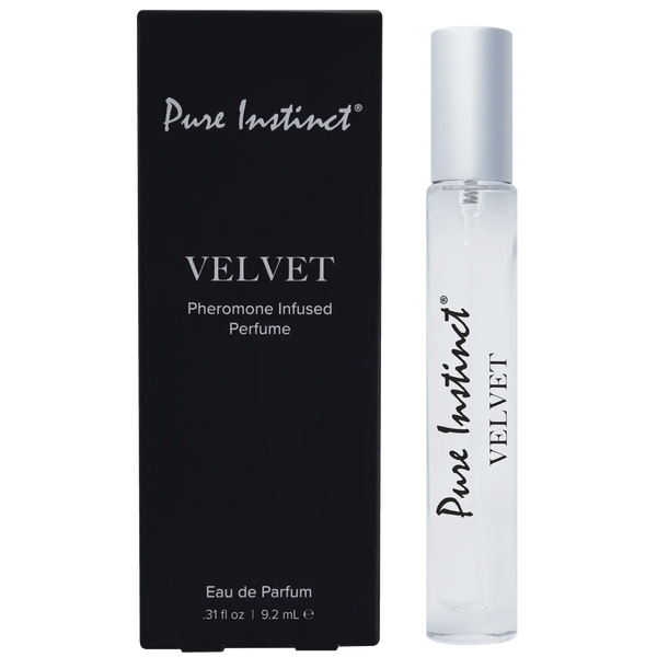 Pure Instinct Velvet Pheromone Infused Perfume in a slim 9.2 mL rollerball with black box
