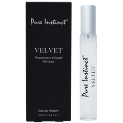 Pure Instinct Velvet Pheromone Infused Perfume in a slim 9.2 mL rollerball with black box