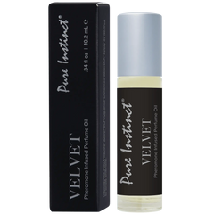 Pure Instinct Velvet Pheromone Infused Roll-On beside its sleek black box, 10.2 mL