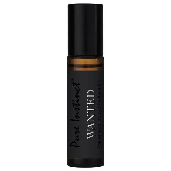 Pure Instinct Wanted amber roll-on bottle with black cap shown solo, highlighting compact 10.2 mL size