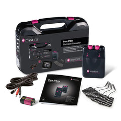 Pure Vibes electrosex stimulator kit with carry case, electrode pads, lead cables, and battery