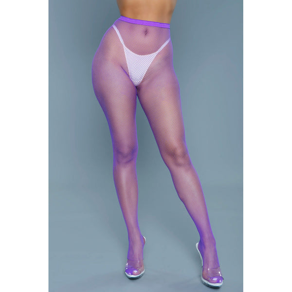 Purple fishnet Up All Night Pantyhose front angle displaying sheer coverage and high waist