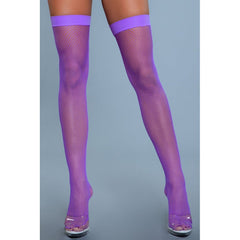 Purple fishnet thigh-high stockings with solid stretch top band, front view