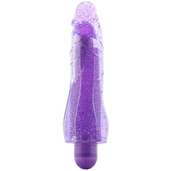 Purple glitter jelly vibrator with realistic shape and sparkly texture shown against white background