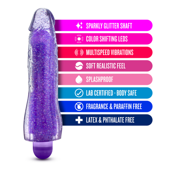Purple glitter vibrator displayed beside feature labels: multispeed, splashproof, body-safe, latex-free