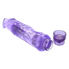 Purple jelly vibrator with removable battery cap separated, revealing battery compartment opening