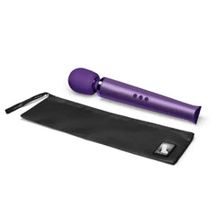 Purple Le Wand massager beside its included black satin storage pouch with branded zipper pull
