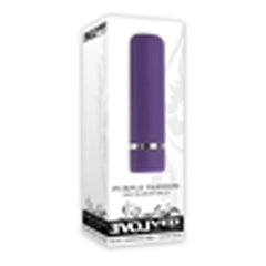 Purple Passion rechargeable bullet vibrator by Evolved shown in its retail box packaging