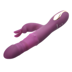 Purple rabbit vibrator angled to show textured shaft and dual-stimulation design