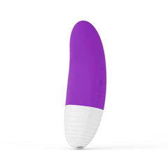 Purple silicone AKO Originals vibrator with white ribbed base, angled side view showing control buttons