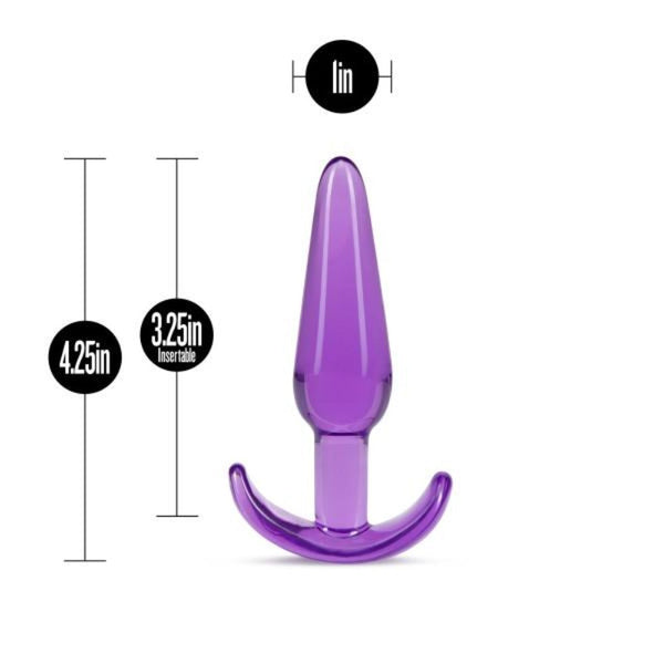 Purple slim anal plug with dimensions: 4.25in total length, 3.25in insertable, 1in width
