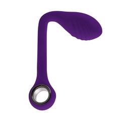 Purple Spot On vibrator displaying flexible thin shaft and round base with silver control button