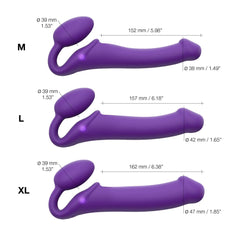 Purple strap-on size diagram: M 152 mm, L 157 mm, XL 162 mm insertable lengths shown
