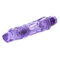 Purple translucent jelly vibrator shown horizontally, highlighting flexible curved body detail