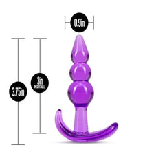 Purple triple bead anal plug with dimensions: 3.75in total, 3in insertable, 0.9in wide
