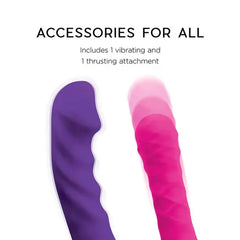 Purple vibrating and pink thrusting silicone attachments included with the Cowgirl Saddle machine