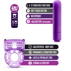 Purple vibrating ring features 10 functions, waterproof design, and body-safe stretchy material