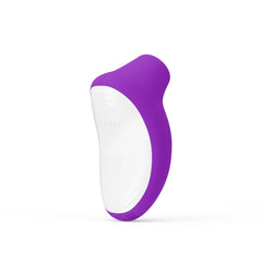Purple and white LELO SONA Originals massager shown from side angle revealing ergonomic silicone body