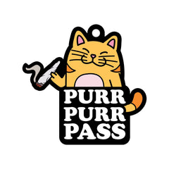 Purr Purr Pass air freshener charm featuring a cartoon orange cat, black badge shape
