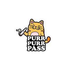 Purr Purr Pass enamel pin featuring a orange cartoon cat holding a smoking joint