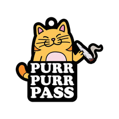 Purr Purr Pass freshener tag close-up displaying bold white text and illustrated orange cat design