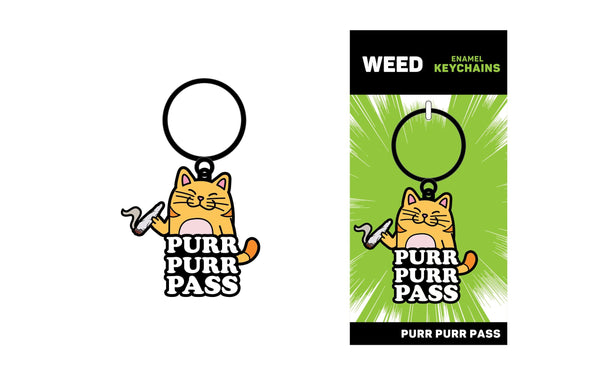 Purr Purr Pass keychain shown beside its green and black weed enamel keychains packaging
