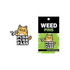 Purr Purr Pass weed pin displayed beside its black and green retail card backing