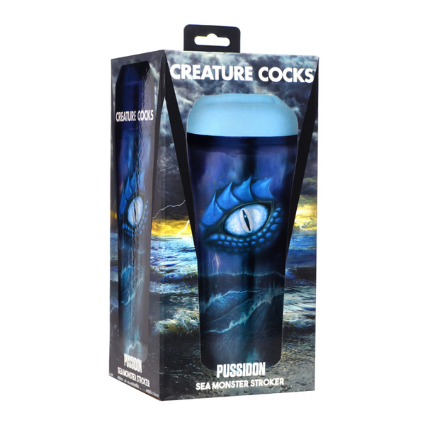 Pussidon Sea Monster Stroker displayed in illustrated retail packaging with ocean storm design