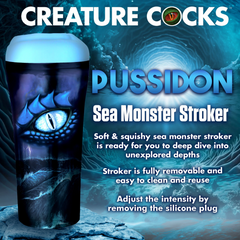 Pussidon Sea Monster Stroker product details highlighting removable, reusable blue silicone insert