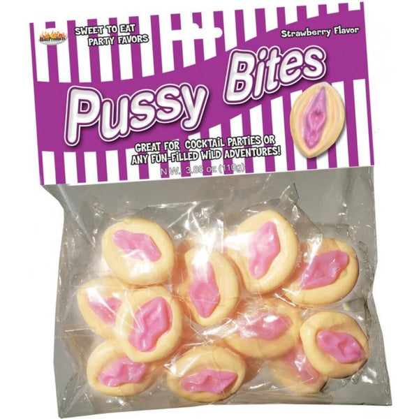 Pussy Bites strawberry-flavoured novelty candies in sealed bag, pink-frosted round sweets visible