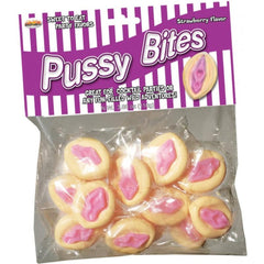 Pussy Bites strawberry-flavoured novelty candies in sealed bag, pink-frosted round sweets visible