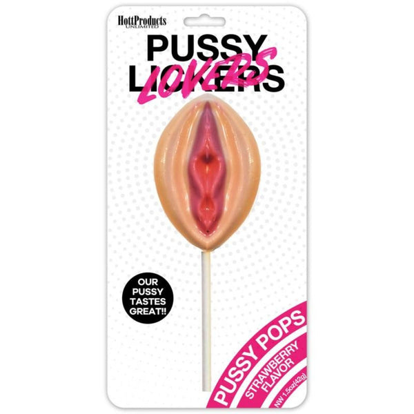 Pussy Lickers Pussy Pop strawberry lollipop in blister card packaging, peach and pink candy