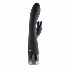 Close-up of rabbit vibrator clitoral arm detail and dual control buttons on shaft