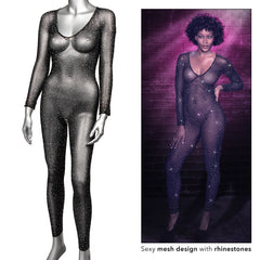 Radiance bodysuit on mannequin beside lifestyle model photo highlighting mesh and gems