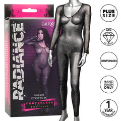 Radiance crotchless bodysuit beside box highlighting plus size, gem accents, and hand-wash icons