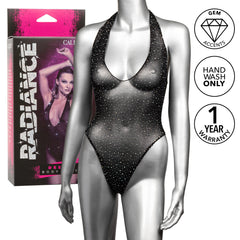 Radiance Deep V Body Suit beside retail box highlighting gem accents, hand wash care, and 1-year warranty