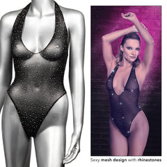 Radiance Deep V Body Suit on mannequin beside model photo showing stretchy rhinestone mesh design