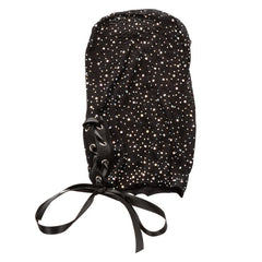 Radiance Full Hood Cover laid flat showing rhinestone-studded mesh fabric and satin ribbon lace closure