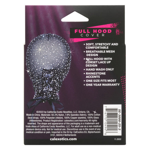 Radiance Full Hood Cover packaging back panel listing breathable mesh design and rhinestone accent details