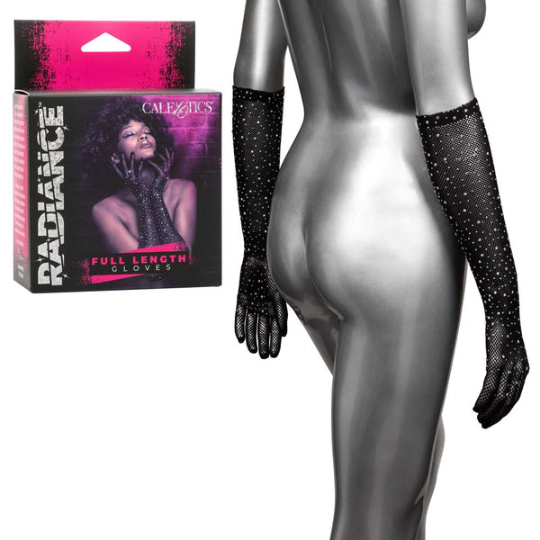 Radiance Full Length Gloves by CalExotics in black rhinestone mesh, shown on mannequin with box